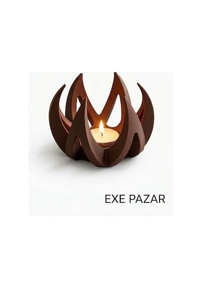 Exe Pazar Alev Temalı Tealight Mumluk 11 X 8,5 Cm - Modern Ev Dekorasyon Hediyelik Ve Konsept Kahverengi