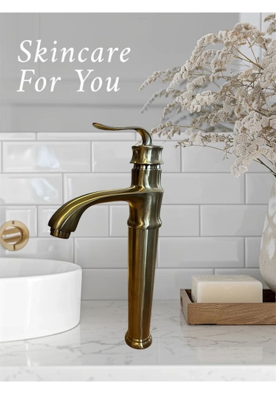 İsaoğlu Yapı Mat Gold Çanak Lavabo Bataryası Vintage Model Yüksek Lavabo Armatürü Mat Altın Gold