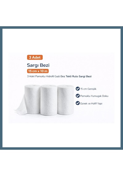 Bezos Sargı Bezi 15 Cm X 10 M 3 Adet Pamuklu Hidrofil Gazlı Bez Rulo Sargı Bezi Seti Agc