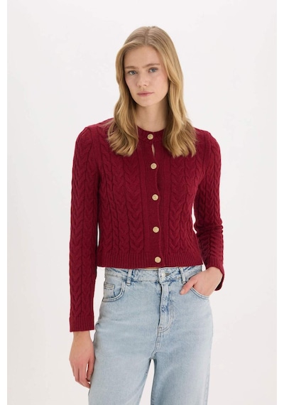 DeFacto Regular Fit Bisiklet Yaka Selanik Örgü Desenli Basic Düz Triko Hırka C9044AX25SPBR285 Bordo