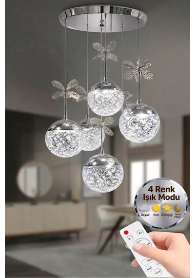LumiaLighting Küre Model 6"lı Kumandalı Gümüş 3 Renk Modu Ledli Kristal Taşlı Modern Salon Mutfak Oturma Odası Led Avize