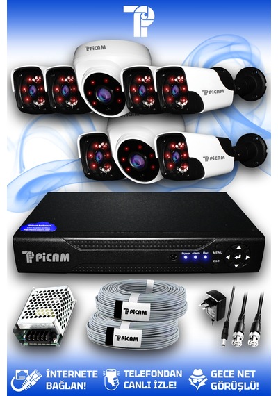 Picam 8 Kameralı Panda 2 İç Kamera Set HDD'siz Full HD Gece Görüşlü Güvenlik Kamerası Sistemi