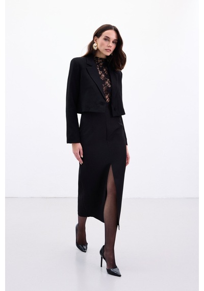 Sateen Yırtmaçlı Midi Etek - Siyah-136986 Siyah
