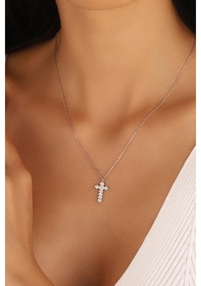 Taşlı Haç Gümüş Kolye Rose Gold
