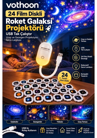 24 Film Diskli Galaksi Uzay Projektörü Usb Tak Çalıştır Çocuk Odası Projeksiyon Gece Lambası Aklby-bsva58