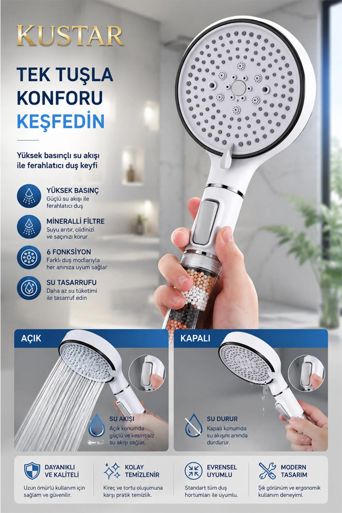 Yeni Nesil 5 Fonksiyonlu Filtreli Duş Başlığı Yüksek Basınçlı Tasarruflu Duş Başlığı Stop Butonlu Kireç Önleyici Mineral Filtreli 12 Cm Beyaz