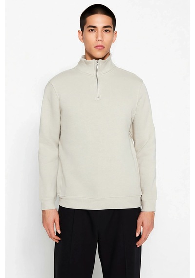 Benerly Erkek Dik Yaka Fermuarlı Standart Kol Regular Kalıp Sweatshirt Fo Taş