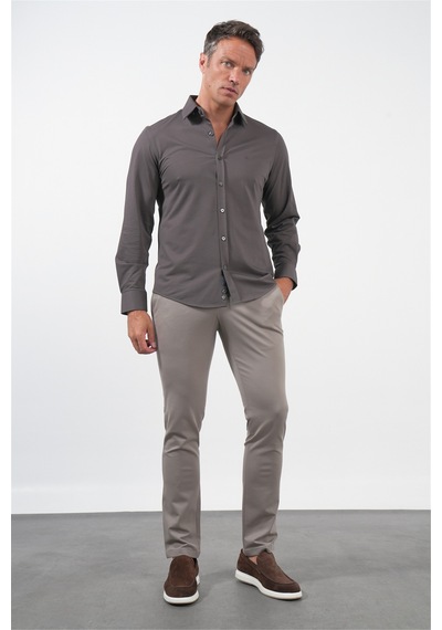 İmza Kahverengi Tulum Yaka Uzun Kol Cepsiz Örme Slim Fit Pamuklu Gömlek 1004260208