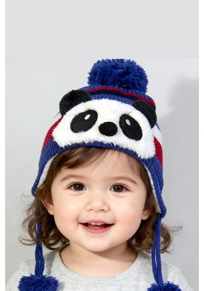 Bay Şapkacı - Sevimli Panda Tasarımlı Unisex Çocuk Kışlık Bere - 5900 Mavi