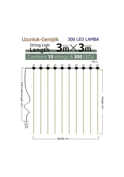 8 Fonksiyonlu Uzaktan Kumandalı Peri Perde Led - 3x3 Metre Günışığı Renkli