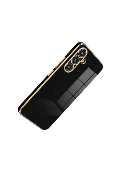Samsung Galaxy S25 Fe Uyumlu Kılıf Kenarları Parlak Altın Renkli Kamera Korumalı Soft Tasarım Kılıf Siyah