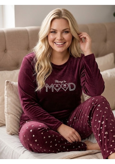 Büyük Beden Likralı Yumuşak Dokulu Uzun Kollu Kadife Pijama Takımı Bordo