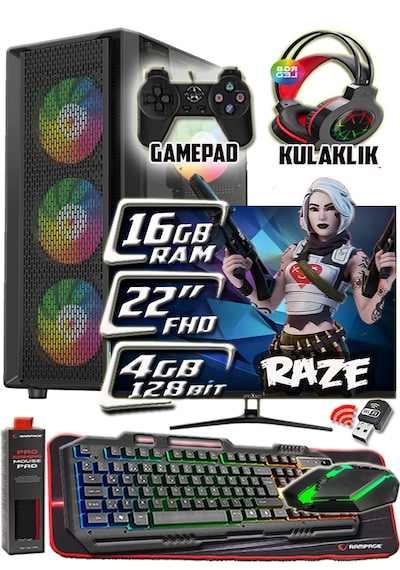 Warbox Raze i3-7100 16 GB 256 GB + 250 GB HDD R7-240 4 GB 22" W10P Masaüstü Oyuncu Bilgisayarı