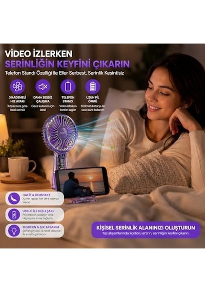 Taşınabilir Mini El Vantilatörü, Usb-c Şarjlı, Şeffaf Tasarım, 5 Kademeli Sessiz Soğutma, Hafif Ve Kompakt Masaüstü Serinletici