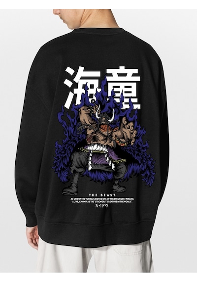 Unisex Siyah Kaido Baskılı Hoodie Oversize Kapşonsuz Sweatshirt Siyah