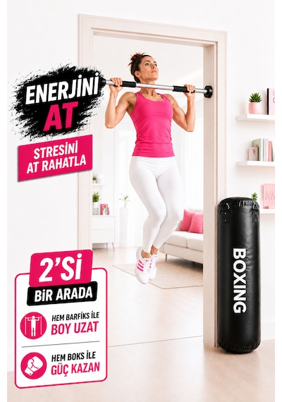 Spor Byfit 70 Cm Boks Torbası Ve Kapı Barfiks Demiri - 2 Si 1 Arada Siyah
