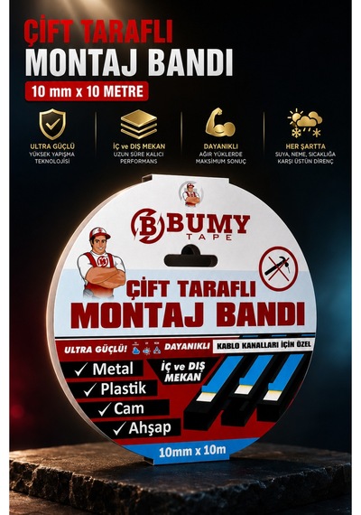 Çift Taraflı Montaj Bandı 10 Mm X 10 Metre Güçlü Köpük Bantı Kablo Kanalları İçin Özel