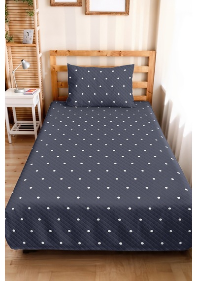 Lacivert Puantiyeli Minimal Genç Odası Tek Kişilik Pike Takımı - 160x220 Cm Kapitone Yatak Örtüsü Günbatımı Keten Geçişi