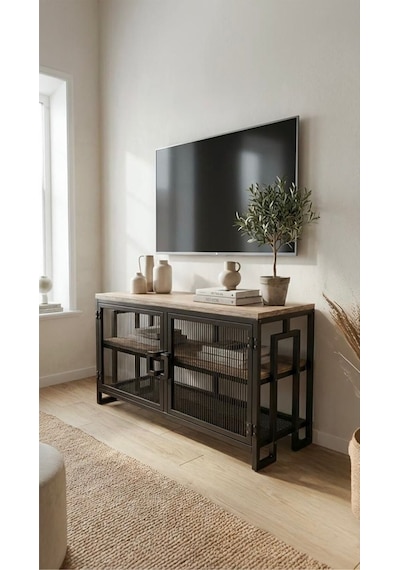 Uykula Tv Sehpası 90 Cm Metal Ayaklı Ahşap Üstlü Raflı Modern Tv Ünitesi Siyah