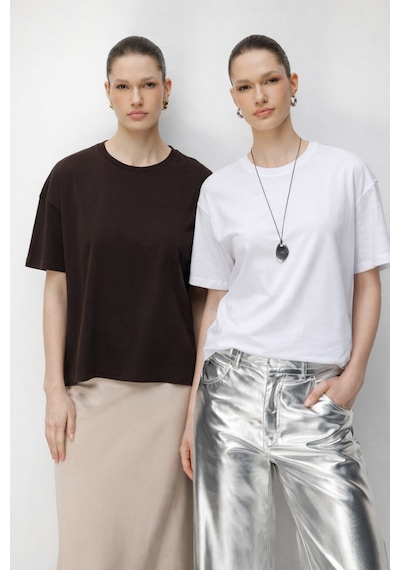 Mixray 48522 Kadın Yırtmaçlı Oversize Basic %100 Pamuk 2 Li T-shirt Kahve Beyaz Kahverengi - Beyaz
