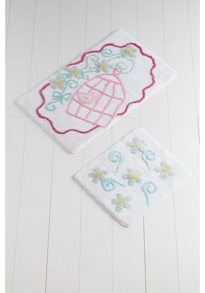 Kafes Beyaz 2li Set Banyo Halısı Yıkanabilir, Kaymaz Taban Renkli