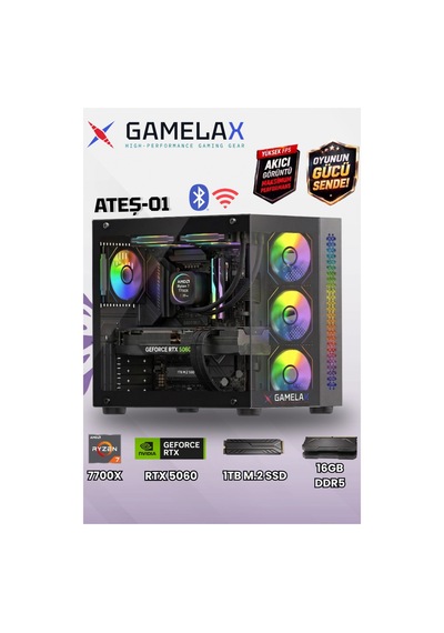 Gamelax Ateş-01 R7-7700x 16 GB 1TB SSD 8 GB RTX5060 Dos Masaüstü Bilgisayar