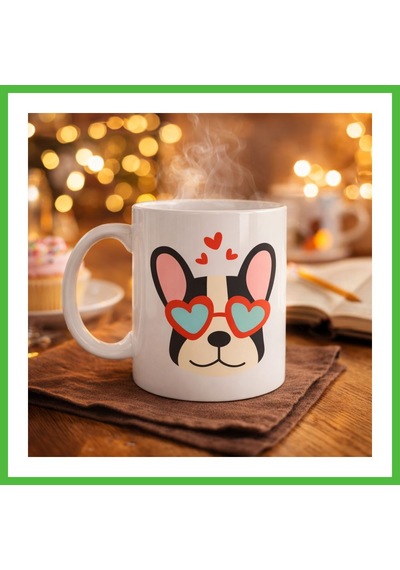 Vaveni French Bulldog Desenli Kalpli Gözlüklü Porselen Kupa Model 50 Sevimli Köpek Tasarımlı Kahve Kupası Arz Çok Renkli