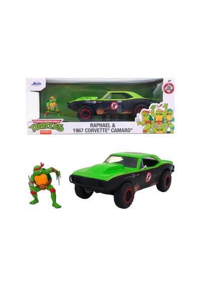 253285001, Ninja Kaplumbağalar Chevy Camaro 1:24 Model Araç Ve Raphael Figürü, Die-cast Metal , Serbest Tekerlek, Açılır Kapılar, Raphael Figürü, 1:24, 19 Cm
