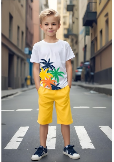 Fyk Kids Erkek Çocuk Palmiye Ağaç Baskılı Alt-üst Takım Sarı