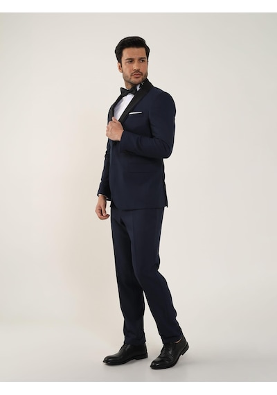 Dufy Lacivert Erkek Slim Fit Düz Sivri Yaka Smokin Takım - 84192-Lacivert