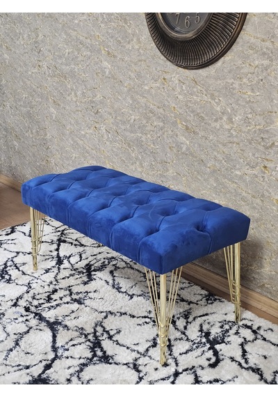Zafir Gold Tel Ayaklı 90 Cm Puf Bench - Puf - Bench - Kasalı Oturak - Oturak - Yatak Ucu Puf Mavi
