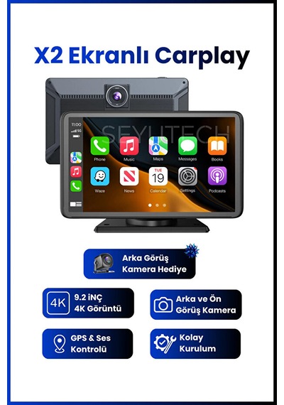 Carplay & Android Auto Uyumlu 9.2" 4k Araç Içi Ekran - Çift Kameralı Yol Kayıt Cihazı X2 9"