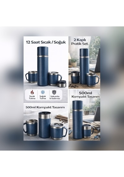 500ml Vakumlu Termos Seti 2 Kaplı 12 Saat Sıcak/soğuk Taşınabilir Bardaklı Termos Set Mavi