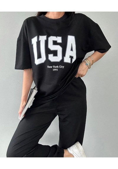 Usa T-shirt Eşofman Altı Jogger- Siyah Baskılı Alt Üst Eşofman Takım Oversize Bisiklet Yaka Siyah Usa T-shirt Eşofman Altı Jogger- Siyah Baskılı Alt Üst Eşofman Takım Oversize Bisiklet Yaka Siyah