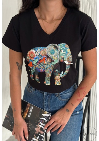 Cassime Kadın Fil Kuş Çiçek Pul Payet İşlemeli %100 Pamuk V Yaka Siyah T-shirt