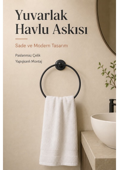 Paslanmaz Çelik Yuvarlak Yapışkanlı Siyah Yuvarlak Havluluk Banyo Askılığı