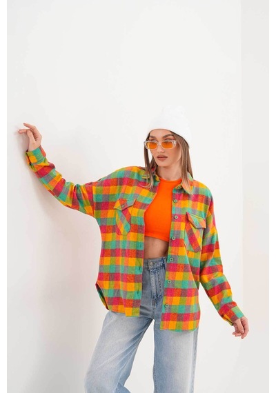 Polologin Butik Kadın Oduncu Rengarenk Cepli Spor Kesim Gömlek Çok Renkli