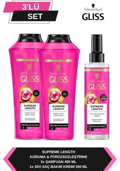 Gliss Supreme Length Şampuan 2 x 400 ML + Sıvı Saç Kremi 200 ML
