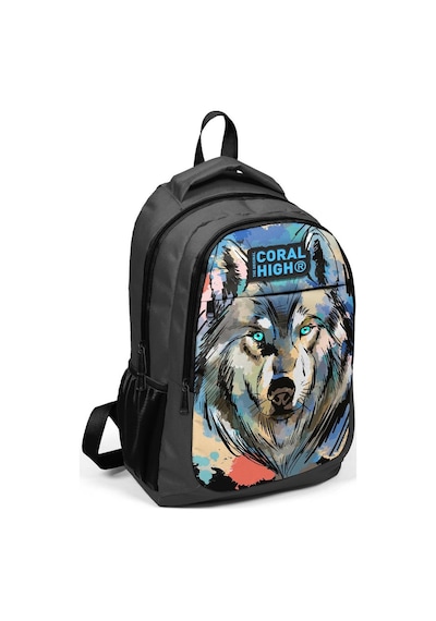 Coral High Kids Gri Siyah Kurt Desenli Üç Bölmeli Usb'li Okul Sırt Çantası 24317
