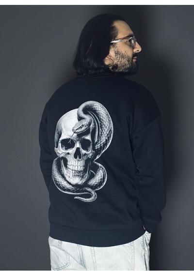 Dark Line Kiss Of The Serpent Sırt Baskılı %100 Pamuk Unisex Siyah Oversize Sweatshirt Siyah