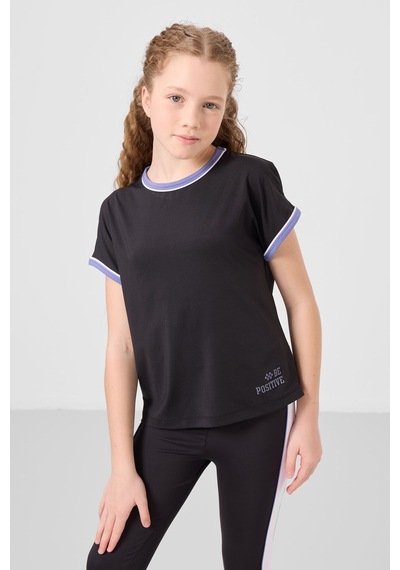Tommylife Siyah O Yaka Yan Şerit Detaylı Standart Fit Performans Kız Çocuk Tayt Takım - 75191 Siyah