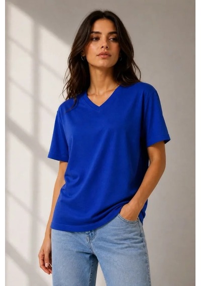 De'charme V Yaka Basic Tişört Kısa Kol Yazlık Regular Fit T-shirt - Saks Mavisi Diğer