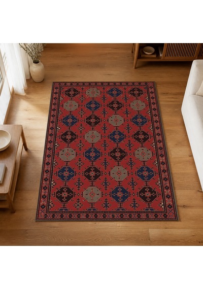 Kartela Halı Afgan Türkmen Desenli Otantik Halı Kırmızı Kaymaz Taban Makinede Yıkanabilir 80x120 Cm
