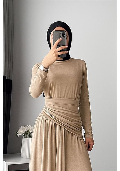 Neşeli Butik Kadın Candy Kumaş Tesettür Elbise Nms047 Bej