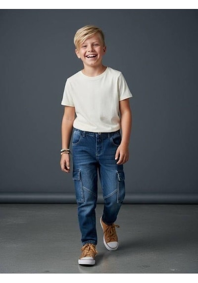 Zekids Erkek Çocuk Kargo Cepli Beli Lastikli Denim Pantolon-16638 Renkli