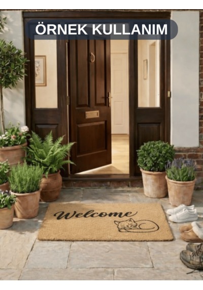 Beylini Kedi Desen Welcome Koko Paspas Ev Dış Kapı Tpr Kaymaz Taban Modern Dayanıklı Su Geçirmez Bej 70x45cm