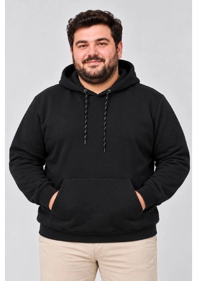 Ertaştrendstore Erkek Battal Büyük Beden Üç İplik İçi Şardonlu Kapüşonlu Kanguru Cepli Kışlık Sweatshirt - Siyah Çok Renk