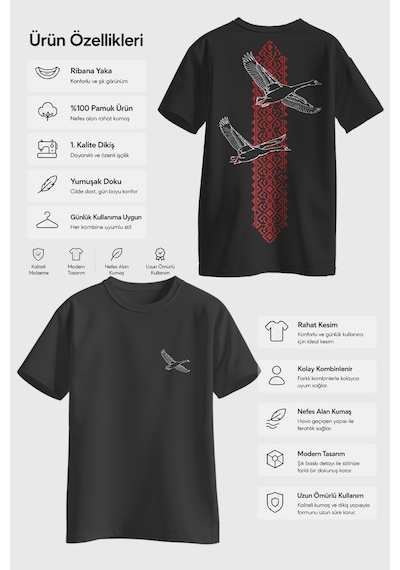 Spoyi Red Heritage Bird Tasarımlı %100 Pamuk Yarım Oversize Siyah T-shirt