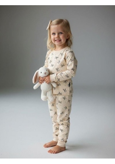Kız Çocuk Pamuklu Fiyonklu Pijama Takımı-16829 KREM