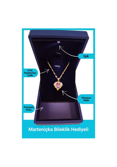 Işıklı Premium Kutuda | Zirkon Taşlı Kalp Kolye Pembe Renk | 14 Şubat Sevgililer Günü Hediyesi